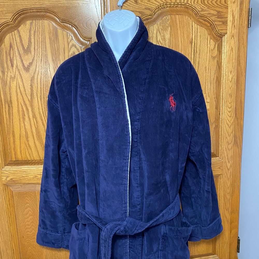 Polo Ralph Lauren VTG Robe Navy Red Fleece Lined Shawl Collar Belted Men OS - Picture 9 of 13